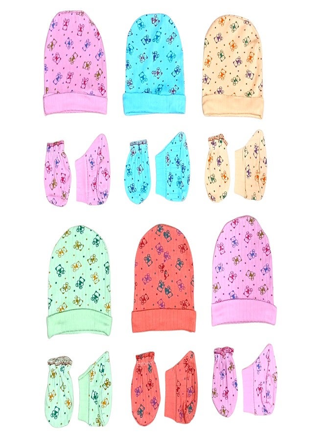 4NEwBiES 100% Cotton Newborn Baby Caps, Mittens and Booties Combo Set for 3, 0 to 6 Months Babies - Multicolor Colors & Pints - Image 2