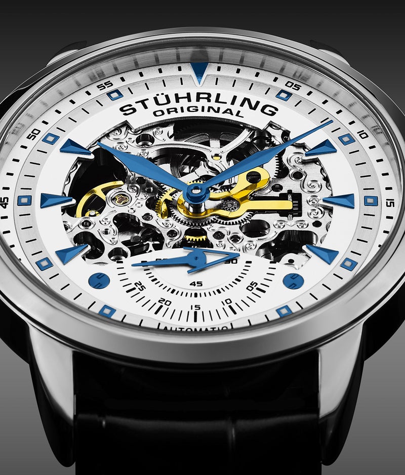 Stuhrling Original ساعة ستورلينغ الأصلية للرجال بتصميم هيكل عظام أوتوماتيكية مع حزام جلد منقوش بجلد التمساح وقرص هيكل عظام - Image 3
