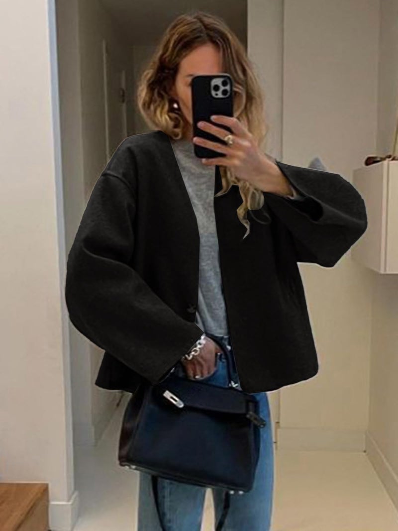 HOTIAN Women Cropped Wool Blend Coats Long Sleeve Coat Jacket Peacoat Fall Winter Outwear Overcoat - Image 3