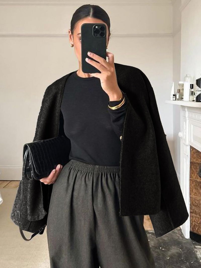 HOTIAN Women Cropped Wool Blend Coats Long Sleeve Coat Jacket Peacoat Fall Winter Outwear Overcoat - Image 2