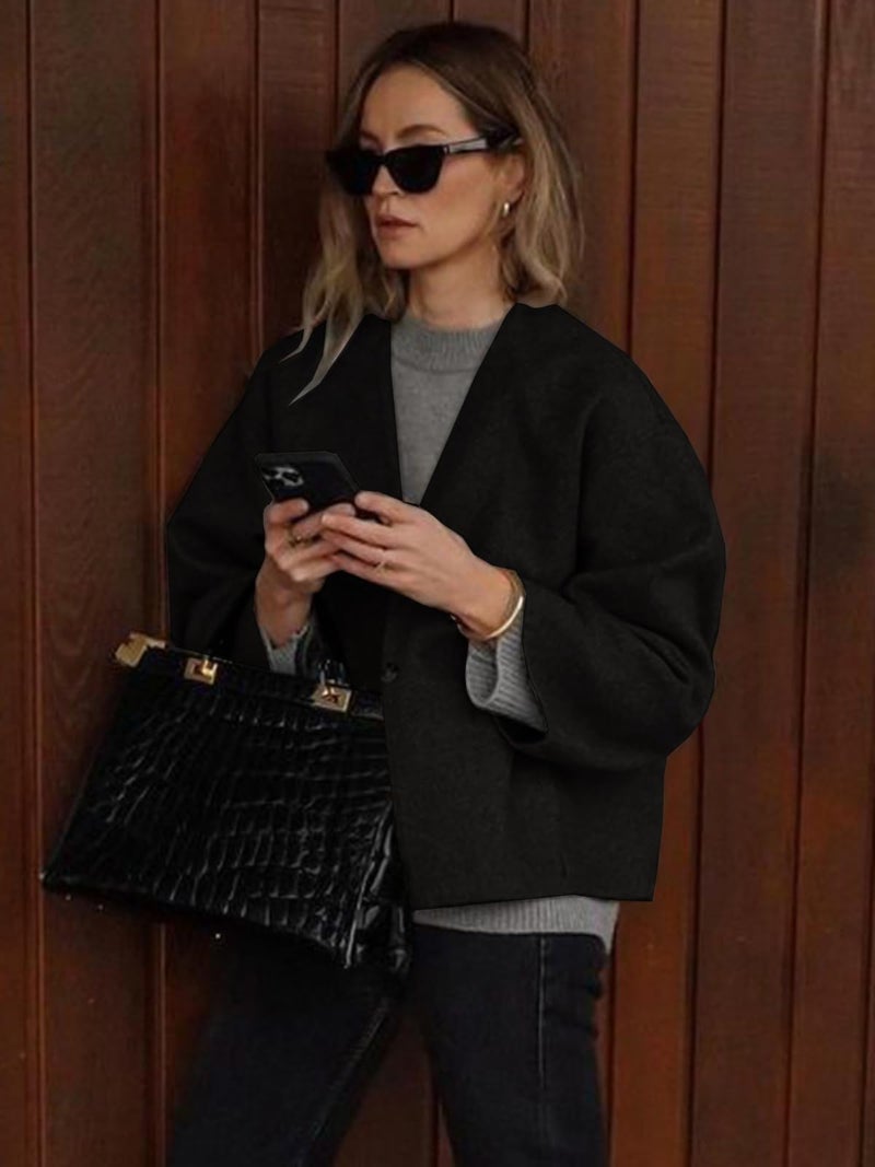 HOTIAN Women Cropped Wool Blend Coats Long Sleeve Coat Jacket Peacoat Fall Winter Outwear Overcoat - Image 4