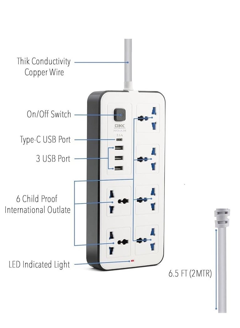 Generic Multipurpose Extension Socket with 6 Surge Protected Socket 2000W 3 Type A Ports and 1 PD Port  - Image 2