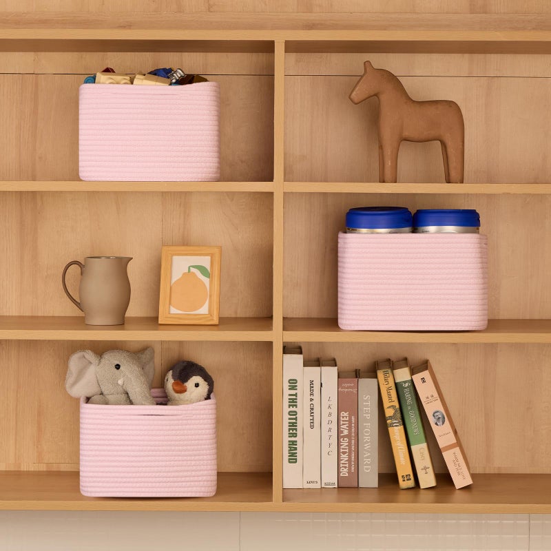 MiniArk Small Organizing Baskets for Cubes Shelf, 9.7x9.7x7.1 Inch Rope Woven Storage Bins for Nursery Shelves Storage, Cute Toy Basket, Square 3 Packs Light Pink - Image 4