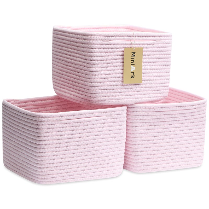 MiniArk Small Organizing Baskets for Cubes Shelf, 9.7x9.7x7.1 Inch Rope Woven Storage Bins for Nursery Shelves Storage, Cute Toy Basket, Square 3 Packs Light Pink - Image 1