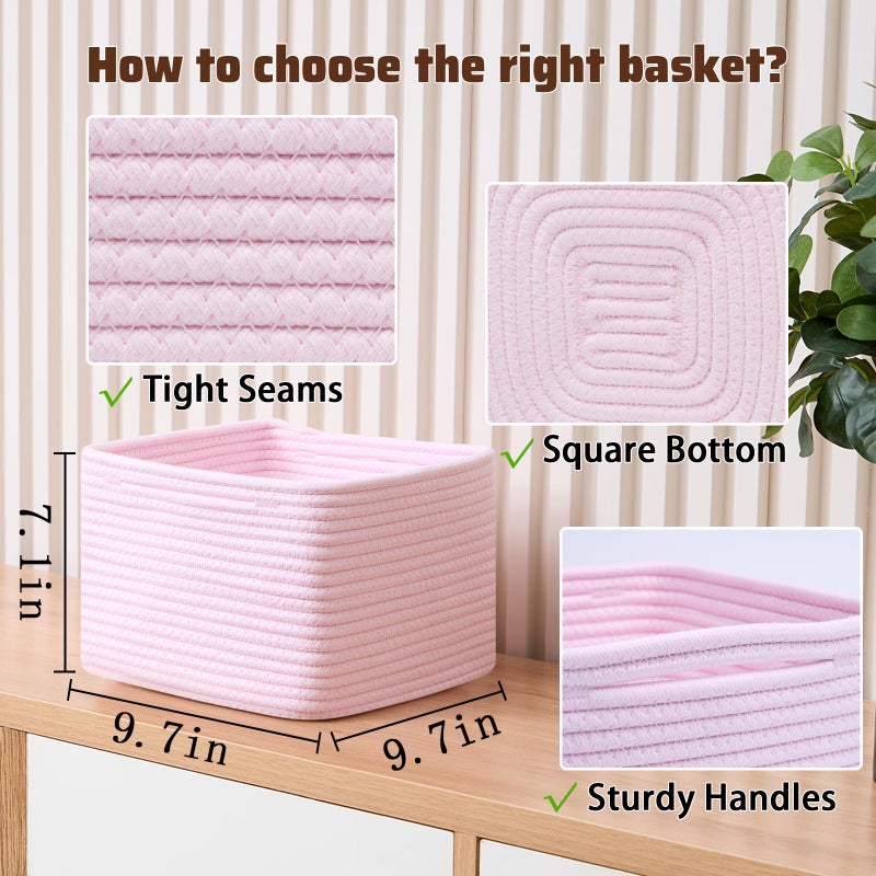 MiniArk Small Organizing Baskets for Cubes Shelf, 9.7x9.7x7.1 Inch Rope Woven Storage Bins for Nursery Shelves Storage, Cute Toy Basket, Square 3 Packs Light Pink - Image 2
