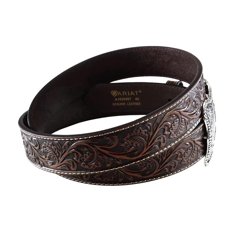 ARIAT Men's Floral Embossed Leather Belt with Antiqued Silver Buckle, Black/Tan, 36 - Image 3
