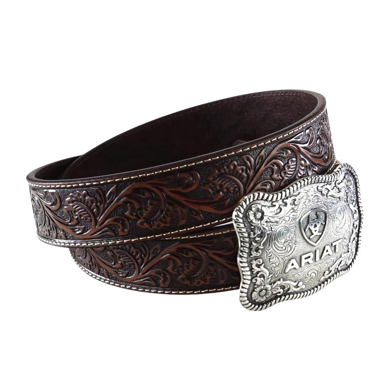 ARIAT Men's Floral Embossed Leather Belt with Antiqued Silver Buckle, Black/Tan, 36 - Image 2