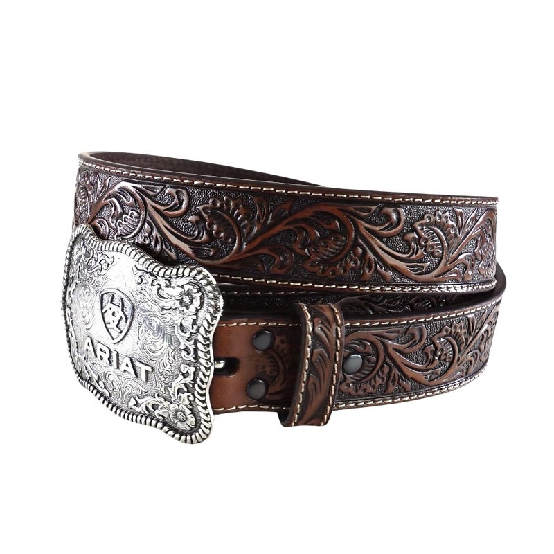 ARIAT Men's Floral Embossed Leather Belt with Antiqued Silver Buckle, Black/Tan, 36 - Image 5