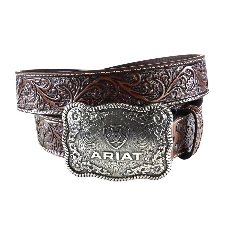 ARIAT Men's Floral Embossed Leather Belt with Antiqued Silver Buckle, Black/Tan, 36 - Image 1
