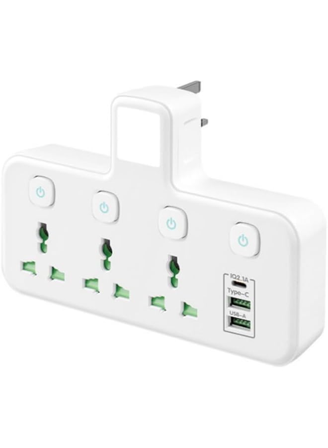 promass Power Strip with Night Light Power Extension Surge Protecter with 3 Universal sockets 2 USB Ports 1 Tyepe C Port, White - Image 1