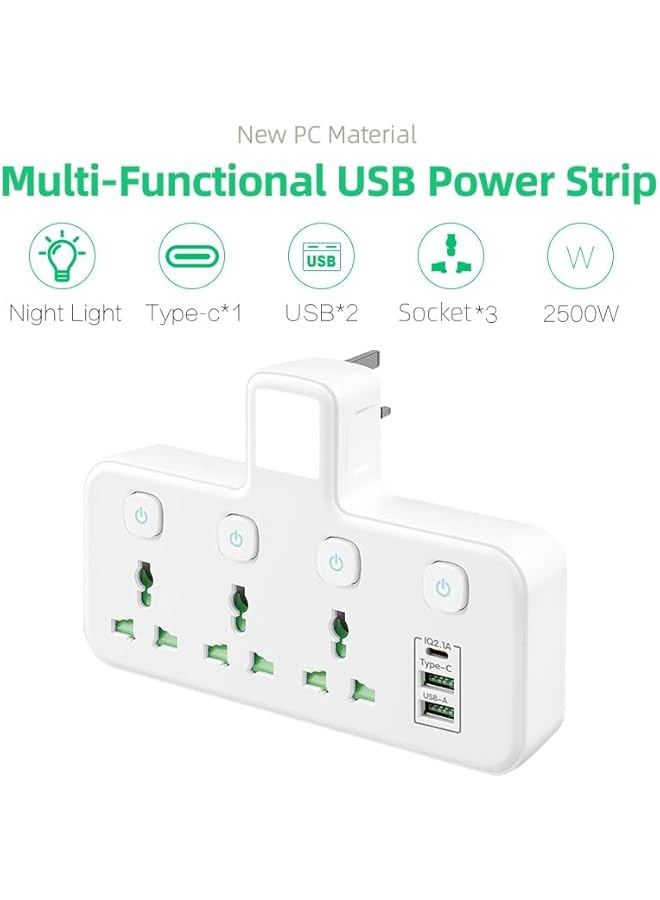promass Power Strip with Night Light Power Extension Surge Protecter with 3 Universal sockets 2 USB Ports 1 Tyepe C Port, White - Image 4