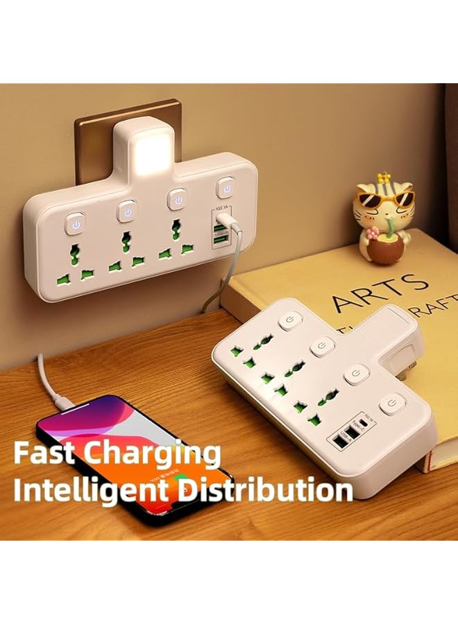 promass Power Strip with Night Light Power Extension Surge Protecter with 3 Universal sockets 2 USB Ports 1 Tyepe C Port, White - Image 3