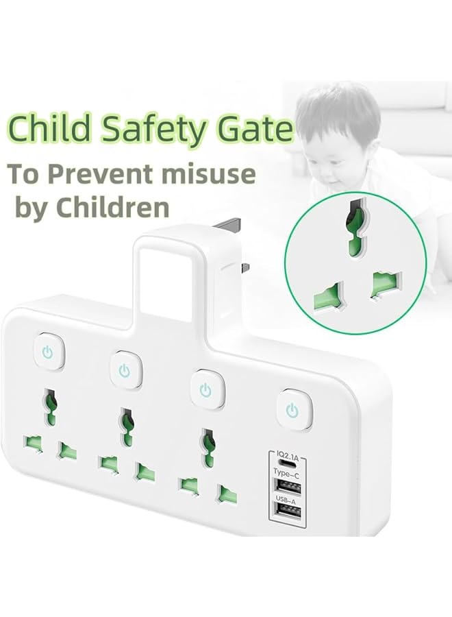 promass Power Strip with Night Light Power Extension Surge Protecter with 3 Universal sockets 2 USB Ports 1 Tyepe C Port, White - Image 5