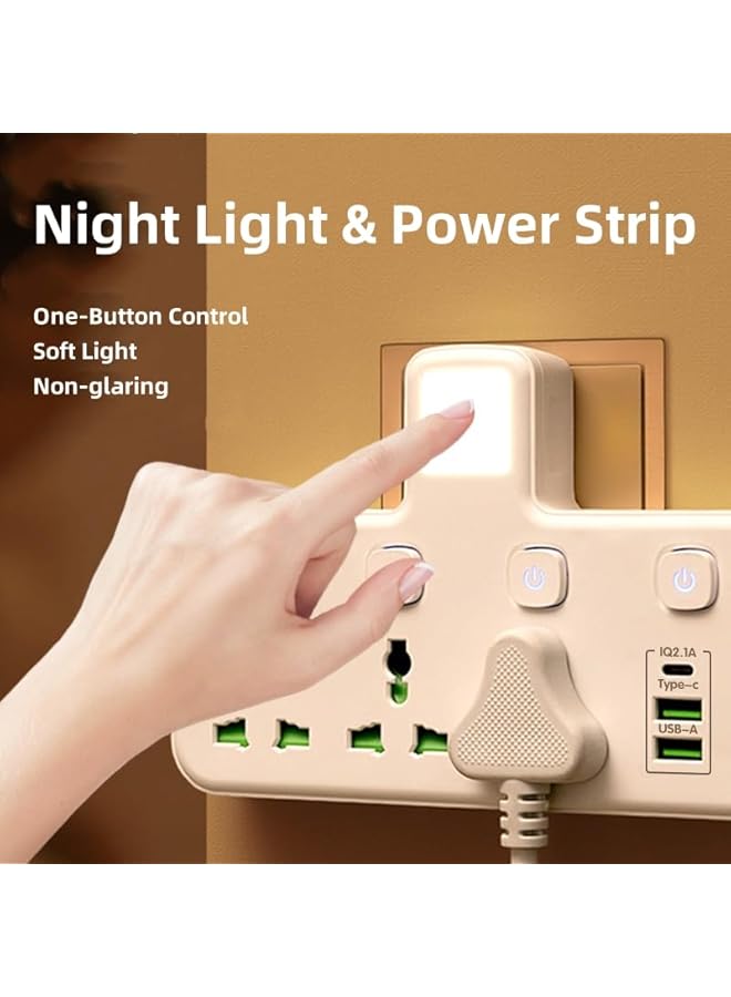 promass Power Strip with Night Light Power Extension Surge Protecter with 3 Universal sockets 2 USB Ports 1 Tyepe C Port, White - Image 2