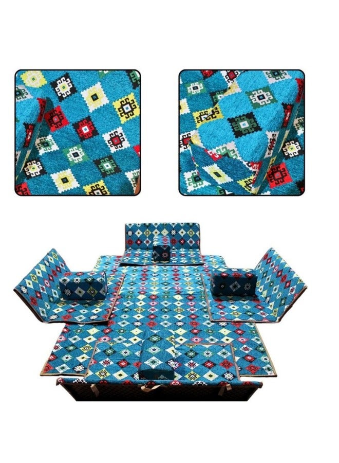 سمارت هوم مجموعة جلوس أرضية تراثية مكونة من 9 قطع مناسبة للسفر والرحلات البرية والحديقة , طقم فرشة تخييم ارضية مع اربع مراكى و 4 كراسي وبساط من القماش عالي الجودة يكفي ل 8 أشخاص (قماش تركي) - Image 1