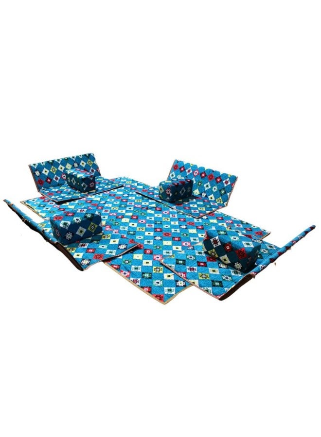 سمارت هوم مجموعة جلوس أرضية تراثية مكونة من 9 قطع مناسبة للسفر والرحلات البرية والحديقة , طقم فرشة تخييم ارضية مع اربع مراكى و 4 كراسي وبساط من القماش عالي الجودة يكفي ل 8 أشخاص (قماش تركي) - Image 2