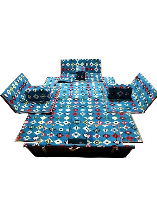 سمارت هوم مجموعة جلوس أرضية تراثية مكونة من 9 قطع مناسبة للسفر والرحلات البرية والحديقة , طقم فرشة تخييم ارضية مع اربع مراكى و 4 كراسي وبساط من القماش عالي الجودة يكفي ل 8 أشخاص (قماش تركي) - Image 3