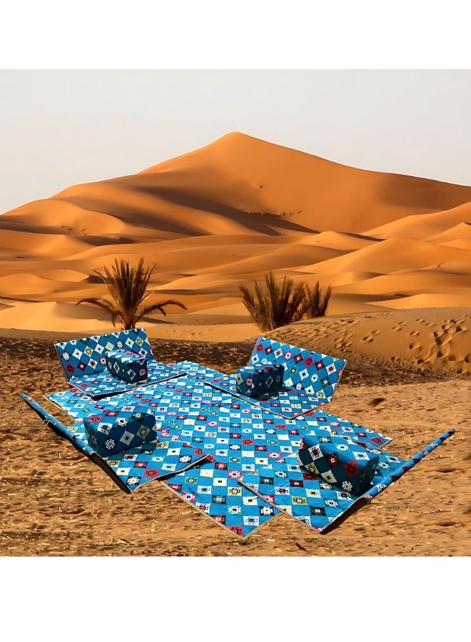 سمارت هوم مجموعة جلوس أرضية تراثية مكونة من 9 قطع مناسبة للسفر والرحلات البرية والحديقة , طقم فرشة تخييم ارضية مع اربع مراكى و 4 كراسي وبساط من القماش عالي الجودة يكفي ل 8 أشخاص (قماش تركي) - Image 5