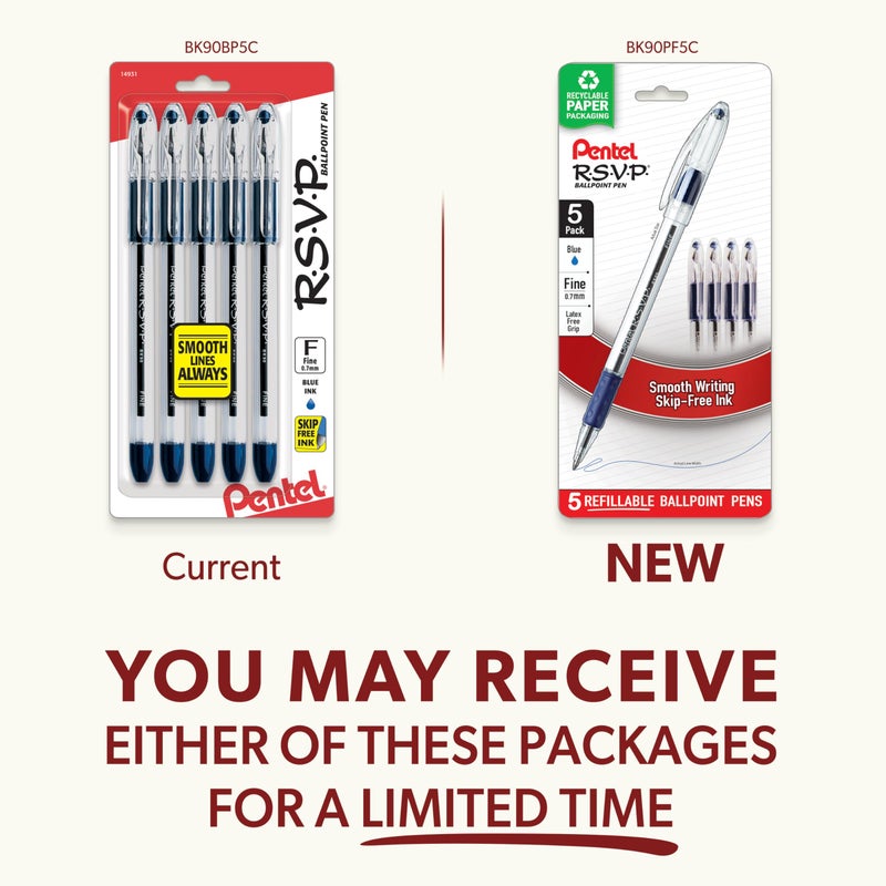 Pentel RSVP Ballpoint Pen, Fine Line, (0.7mm), Blue Ink (BK90BP5C) (Pack of 1, 5 Count Total) - Image 3
