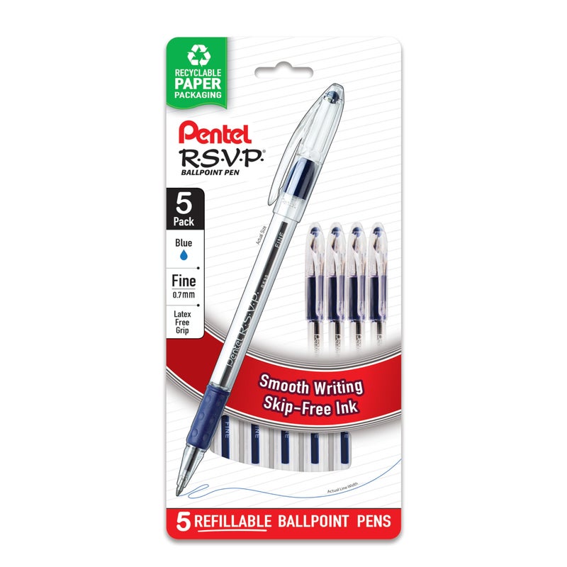 Pentel RSVP Ballpoint Pen, Fine Line, (0.7mm), Blue Ink (BK90BP5C) (Pack of 1, 5 Count Total) - Image 1