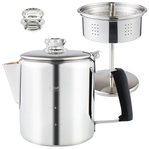 APOXCON Multi Use Percolator Coffee Pot Stainless Steel Stove Top Coffee Maker with Two Tough Borosilicate Glass Knob Silica Handle Camping Coffee Pot Using on Campfire Stove & Induction Cooker Silver 6 Cup - Image 1