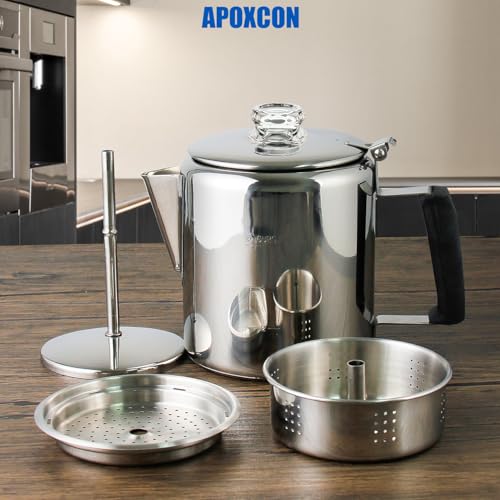 APOXCON Multi Use Percolator Coffee Pot Stainless Steel Stove Top Coffee Maker with Two Tough Borosilicate Glass Knob Silica Handle Camping Coffee Pot Using on Campfire Stove & Induction Cooker Silver 6 Cup - Image 3
