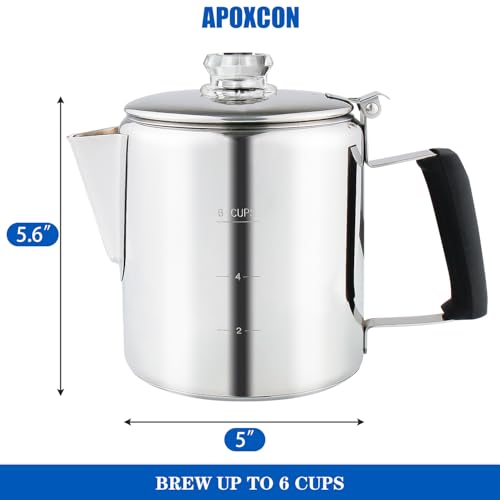 APOXCON Multi Use Percolator Coffee Pot Stainless Steel Stove Top Coffee Maker with Two Tough Borosilicate Glass Knob Silica Handle Camping Coffee Pot Using on Campfire Stove & Induction Cooker Silver 6 Cup - Image 2