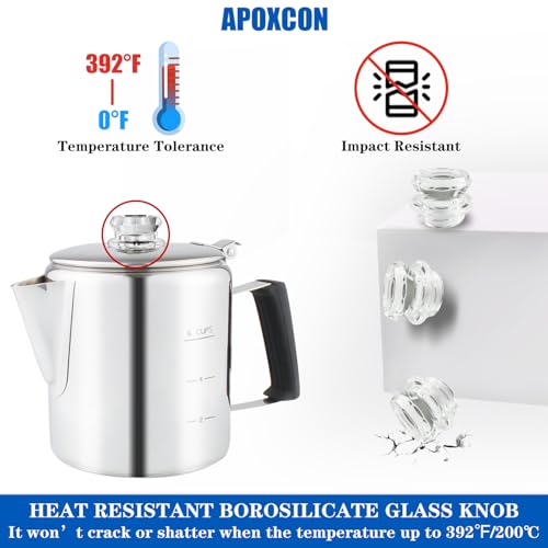 APOXCON Multi Use Percolator Coffee Pot Stainless Steel Stove Top Coffee Maker with Two Tough Borosilicate Glass Knob Silica Handle Camping Coffee Pot Using on Campfire Stove & Induction Cooker Silver 6 Cup - Image 5