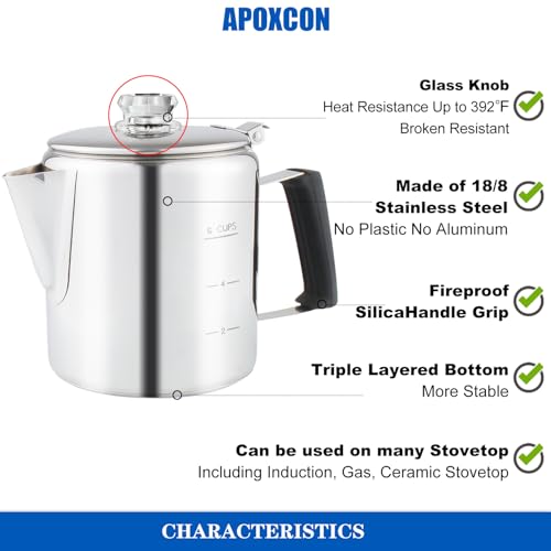 APOXCON Multi Use Percolator Coffee Pot Stainless Steel Stove Top Coffee Maker with Two Tough Borosilicate Glass Knob Silica Handle Camping Coffee Pot Using on Campfire Stove & Induction Cooker Silver 6 Cup - Image 4