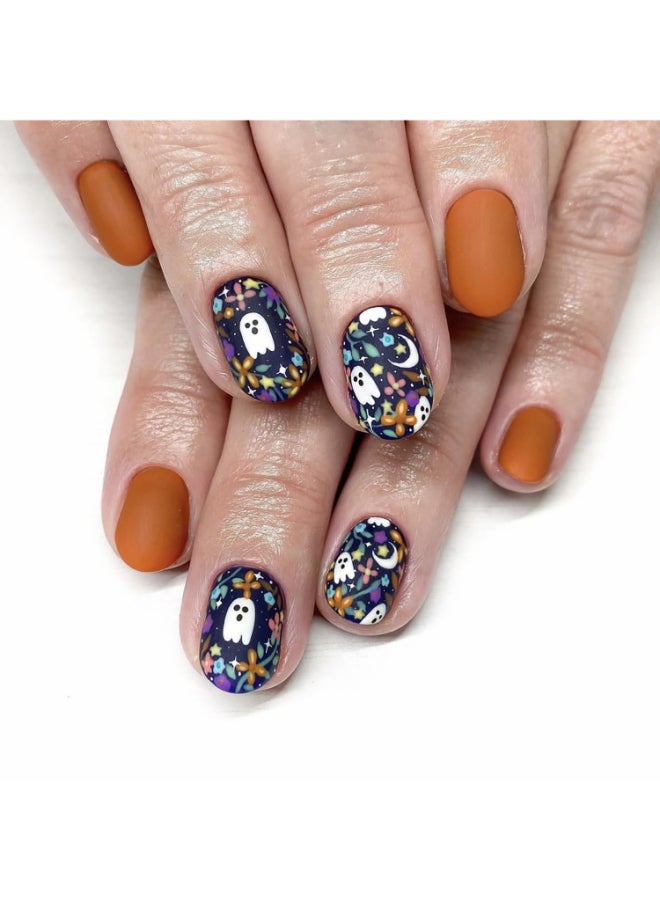Onsdag Halloween Short Acrylic False Nails Press on Nails Oval with Specter Flower Designs Artificial Fake Nails with Sticky Tabs Day of the Dead Stick on Fingernails for Women Girls - Image 2