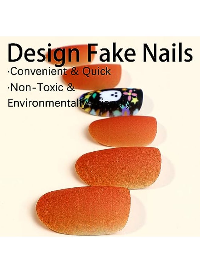 Onsdag Halloween Short Acrylic False Nails Press on Nails Oval with Specter Flower Designs Artificial Fake Nails with Sticky Tabs Day of the Dead Stick on Fingernails for Women Girls - Image 3