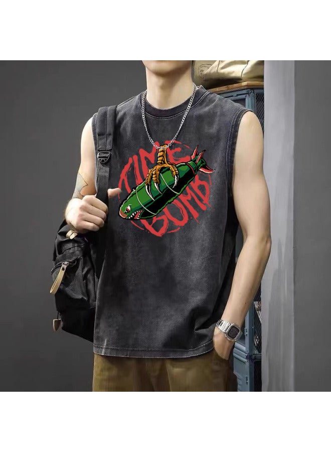 Large Size Street Washed Distressed Sleeveless T-shirt Men's Summer Loose Large Size Vest Hip-hop Style Printed Camisole Trendy