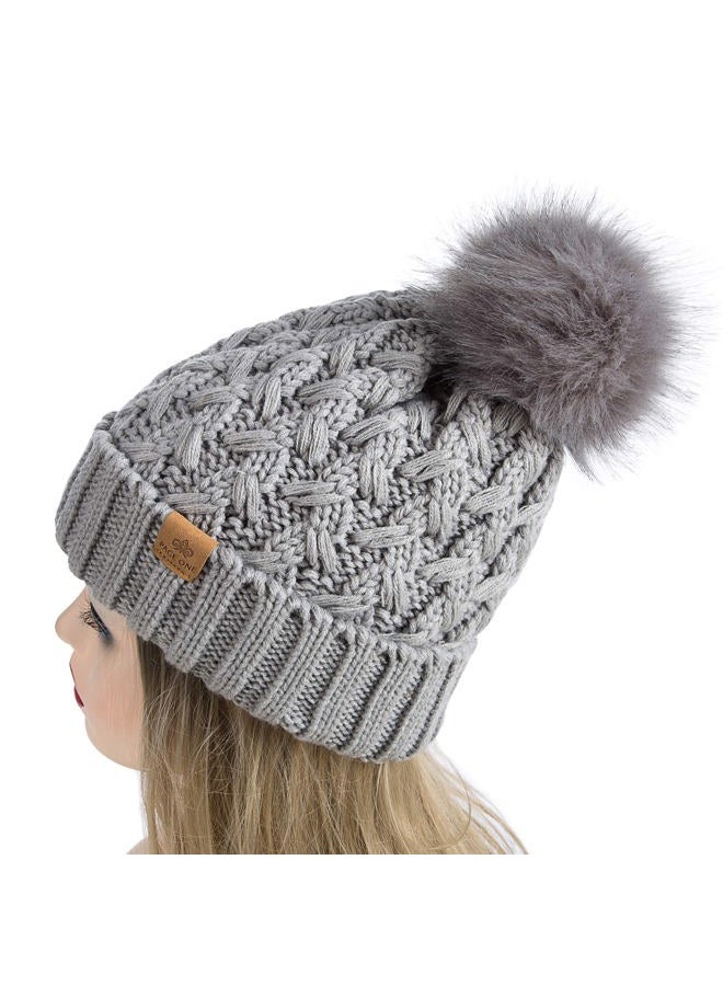 PAGE ONE Womens Winter Ribbed Beanie Crossed Cap Chunky Cable Knit Pompom Soft Warm Hat, Light Gray, One size - Image 3