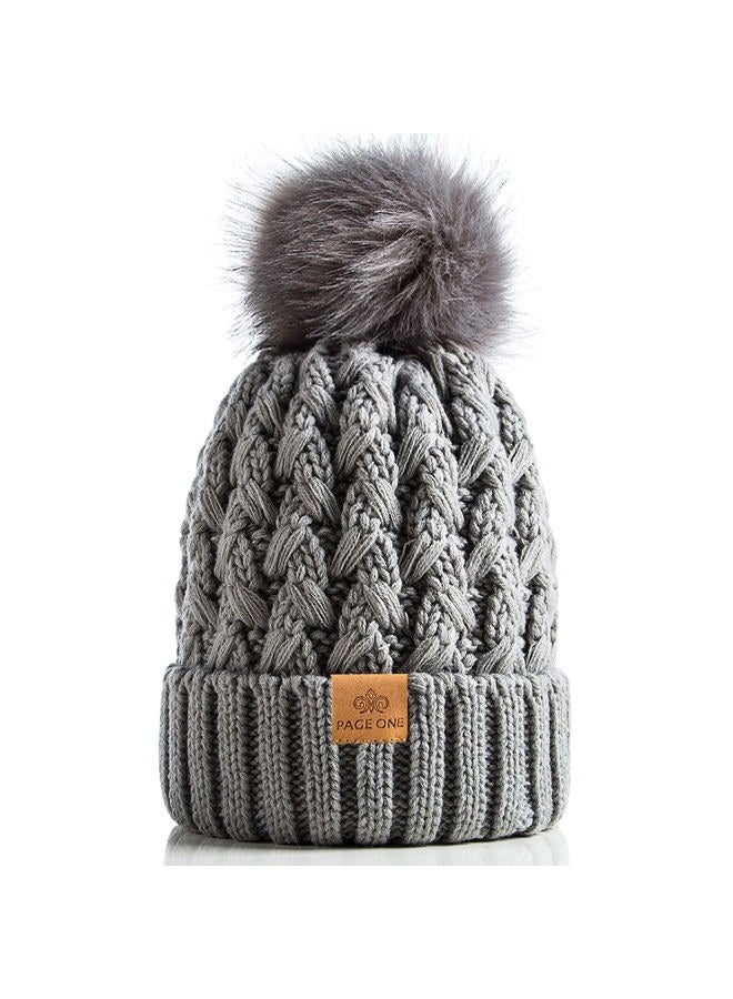 PAGE ONE Womens Winter Ribbed Beanie Crossed Cap Chunky Cable Knit Pompom Soft Warm Hat, Light Gray, One size - Image 1