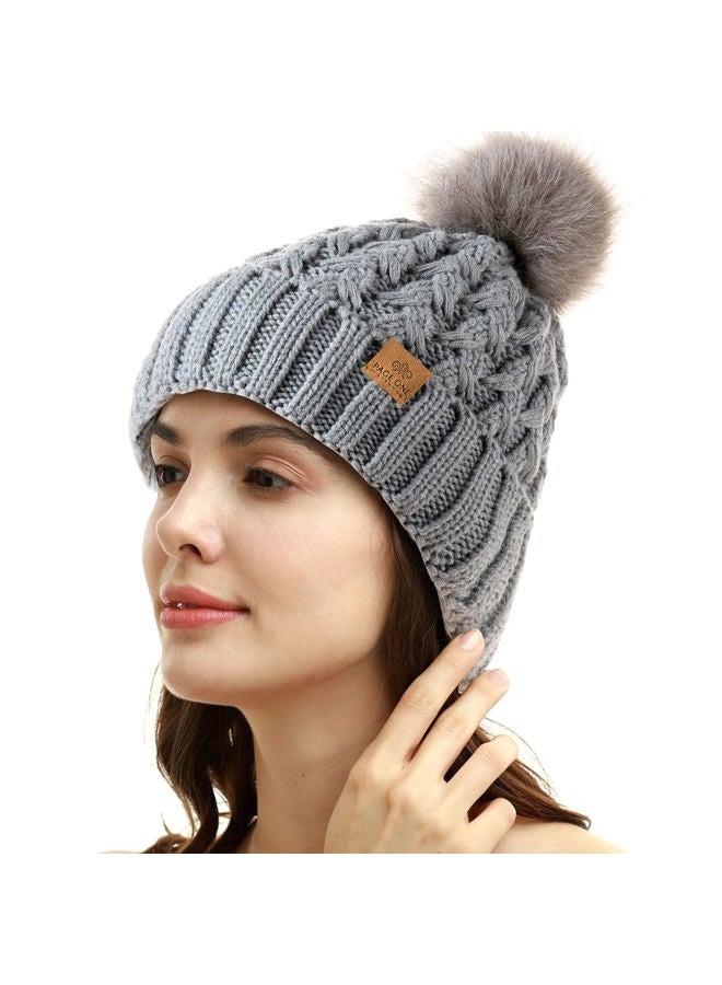PAGE ONE Womens Winter Ribbed Beanie Crossed Cap Chunky Cable Knit Pompom Soft Warm Hat, Light Gray, One size - Image 2