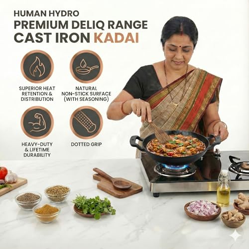 Human Hydro Pre-Seasoned Cast Iron Kadai (25CM) with Wooden Spatula | Naturally Nonstick, Toxin-Free & Induction Compatible | Deep Frying & Curry Kadhai for Gas, Induction & Open Flame Cooking - Image 4