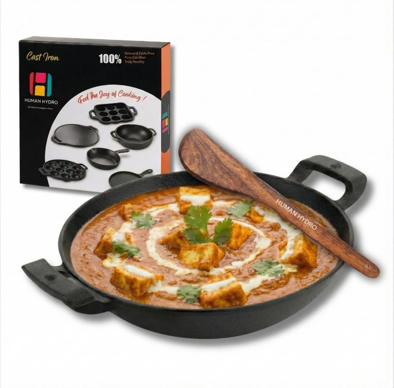 Human Hydro Pre-Seasoned Cast Iron Kadai (25CM) with Wooden Spatula | Naturally Nonstick, Toxin-Free & Induction Compatible | Deep Frying & Curry Kadhai for Gas, Induction & Open Flame Cooking - Image 1