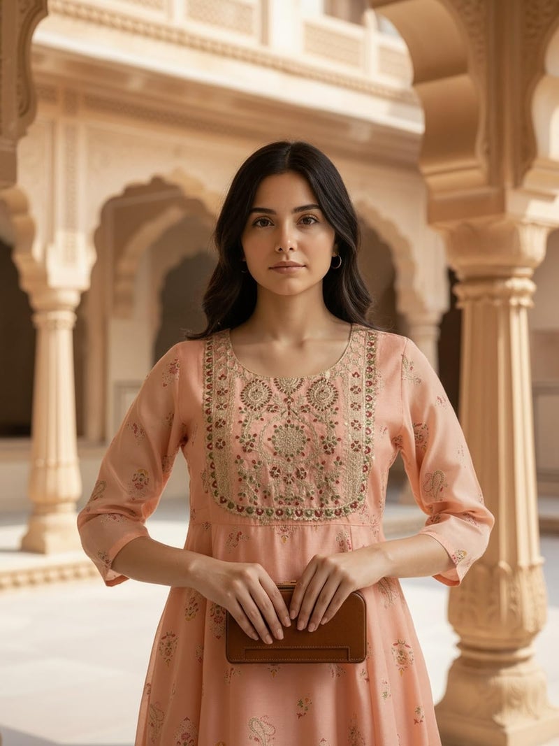 rangita Peach Chanderi Anarkali Embroidered Calf Length Kurta_S - Image 2