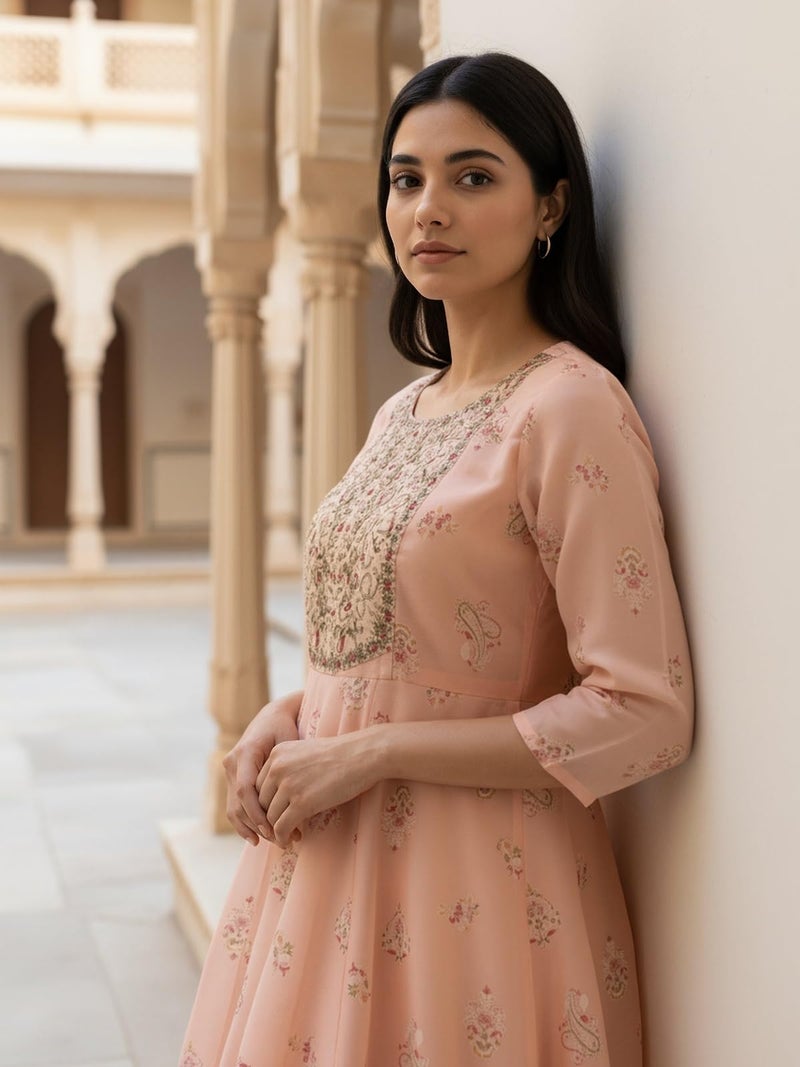 rangita Peach Chanderi Anarkali Embroidered Calf Length Kurta_S - Image 3