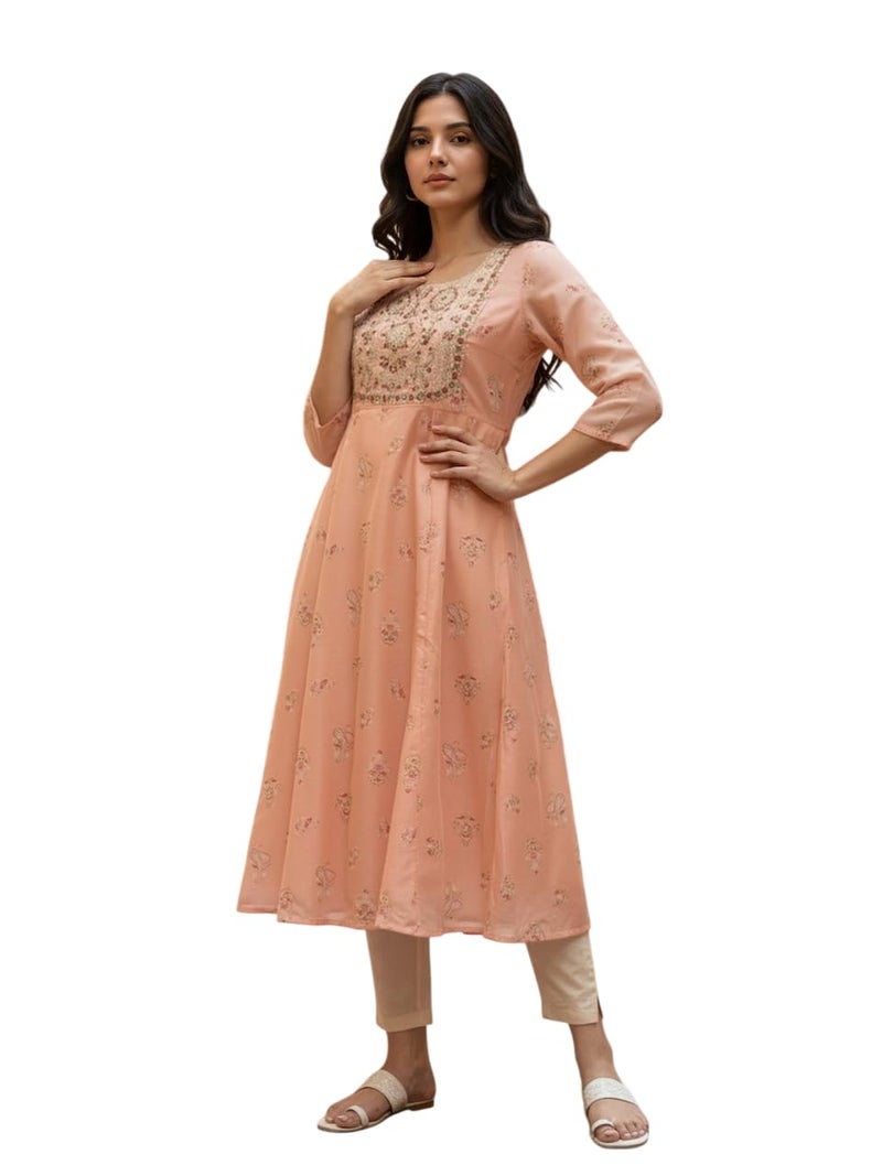 rangita Peach Chanderi Anarkali Embroidered Calf Length Kurta_S - Image 1