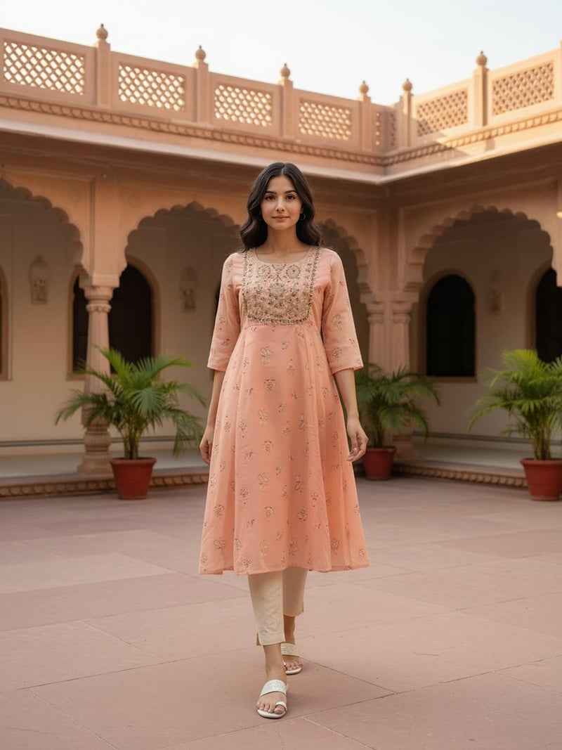 rangita Peach Chanderi Anarkali Embroidered Calf Length Kurta_S - Image 5