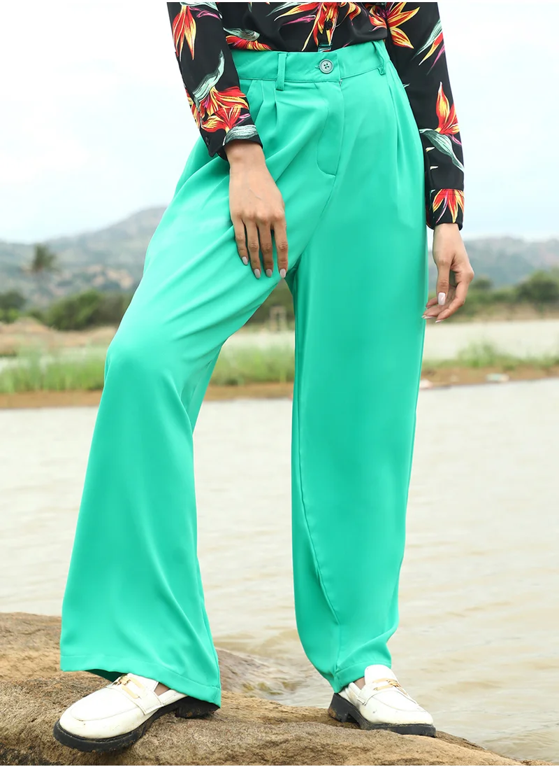 PINACOLADA Women's Aqua Green Straight Fit Tailored Trousers