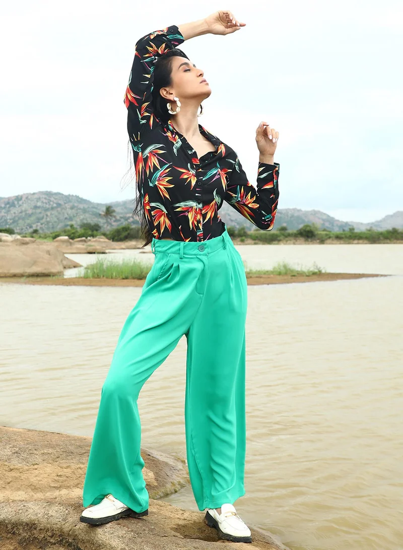 PINACOLADA Women's Aqua Green Straight Fit Tailored Trousers
