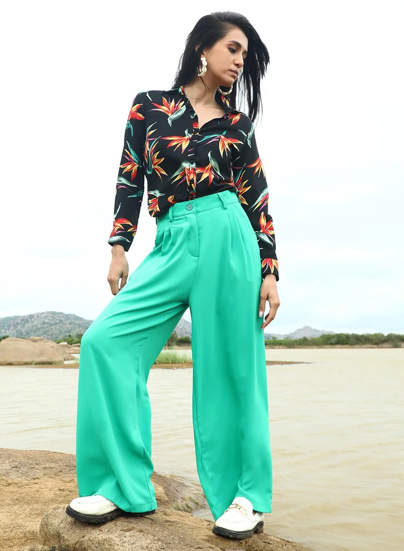PINACOLADA Women's Aqua Green Straight Fit Tailored Trousers