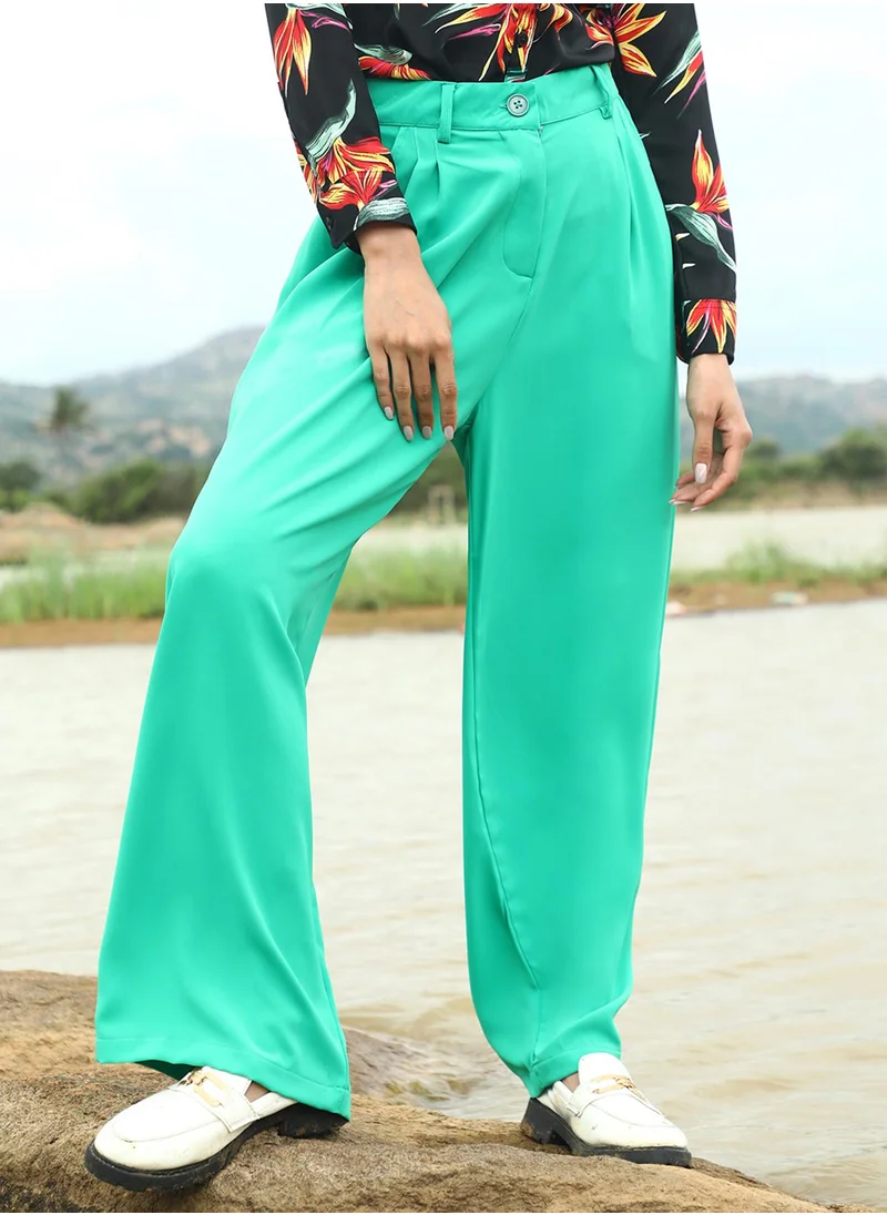 PINACOLADA Women's Aqua Green Straight Fit Tailored Trousers