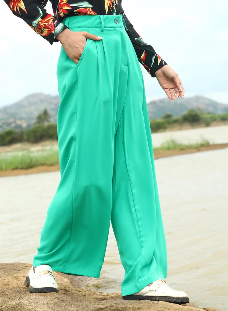 PINACOLADA Women's Aqua Green Straight Fit Tailored Trousers