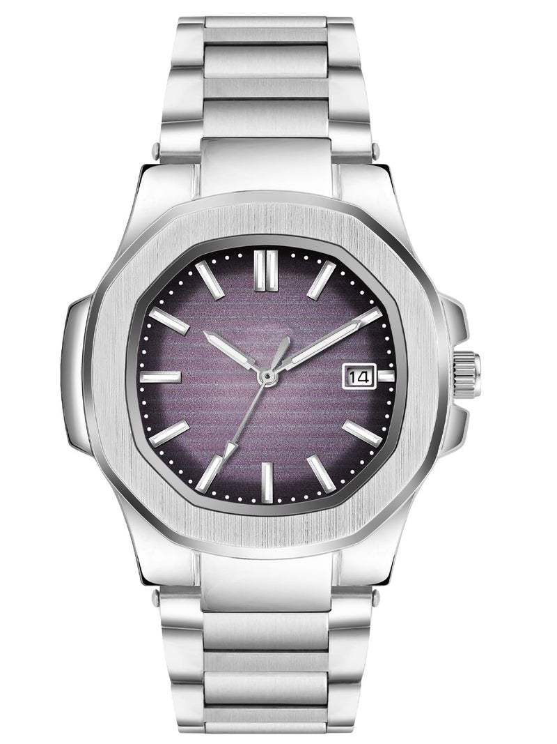 CLOUDWOOD Casual Fashion Octagonal Analog Stainless Steel Strap Date Display Watch for Man & Boys -MT80107 (Purple) - Image 1