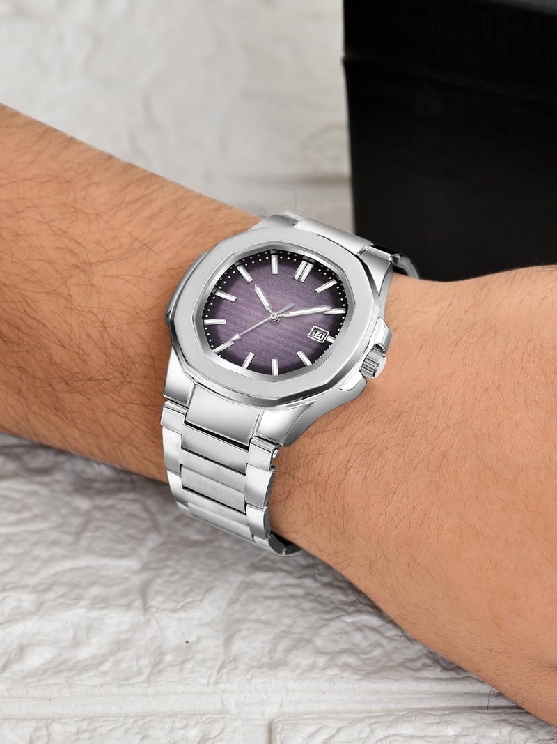 CLOUDWOOD Casual Fashion Octagonal Analog Stainless Steel Strap Date Display Watch for Man & Boys -MT80107 (Purple) - Image 4