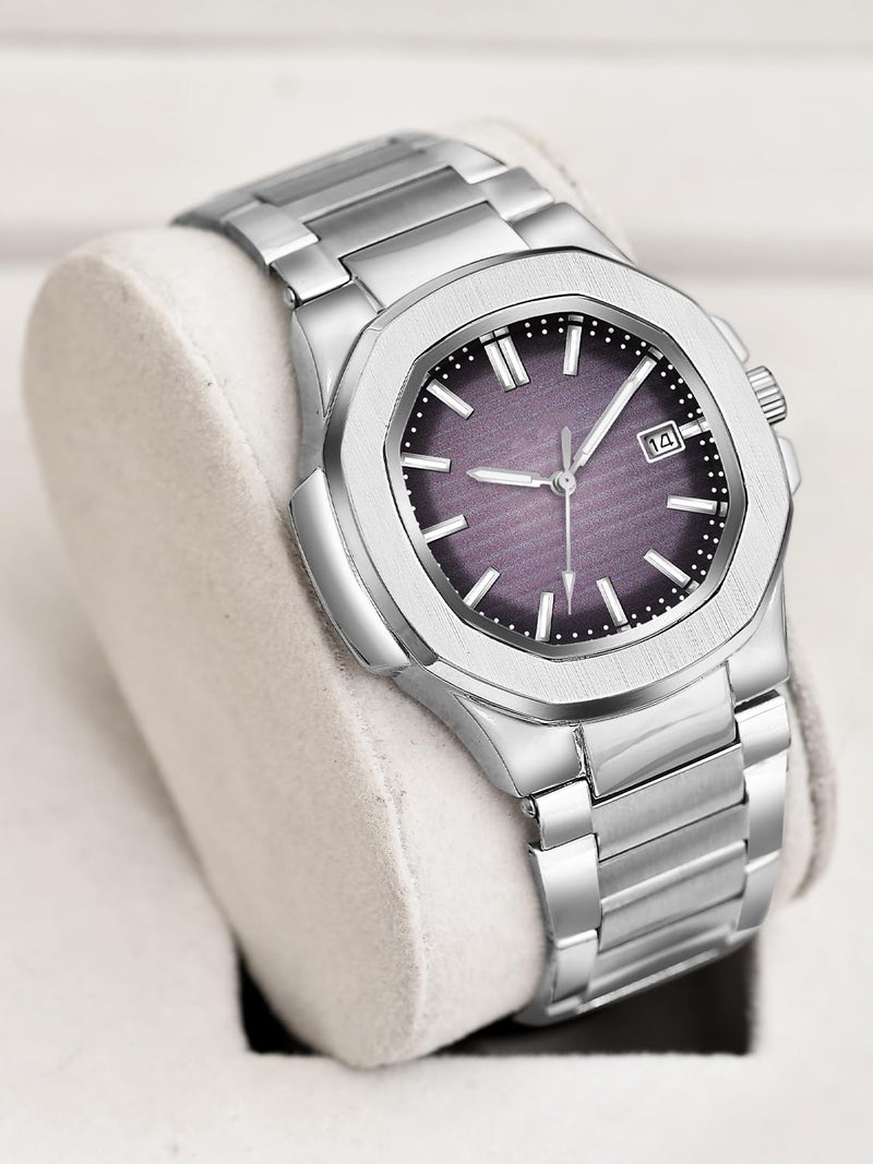 CLOUDWOOD Casual Fashion Octagonal Analog Stainless Steel Strap Date Display Watch for Man & Boys -MT80107 (Purple) - Image 2