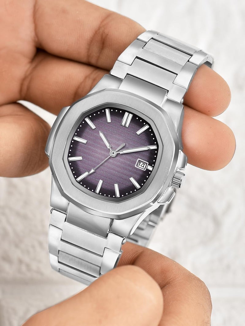 CLOUDWOOD Casual Fashion Octagonal Analog Stainless Steel Strap Date Display Watch for Man & Boys -MT80107 (Purple) - Image 5